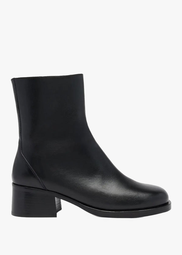 Bowland Black Leather Block Heel Ankle Boots
