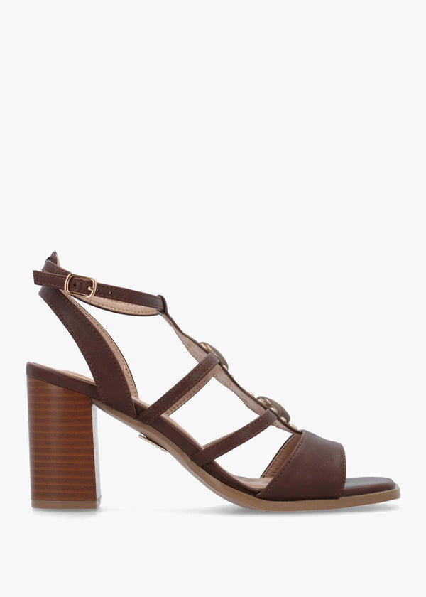 Megarah Brown Embellished Block Heel Sandals