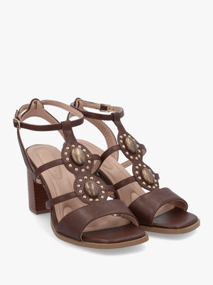Megarah Brown Embellished Block Heel Sandals