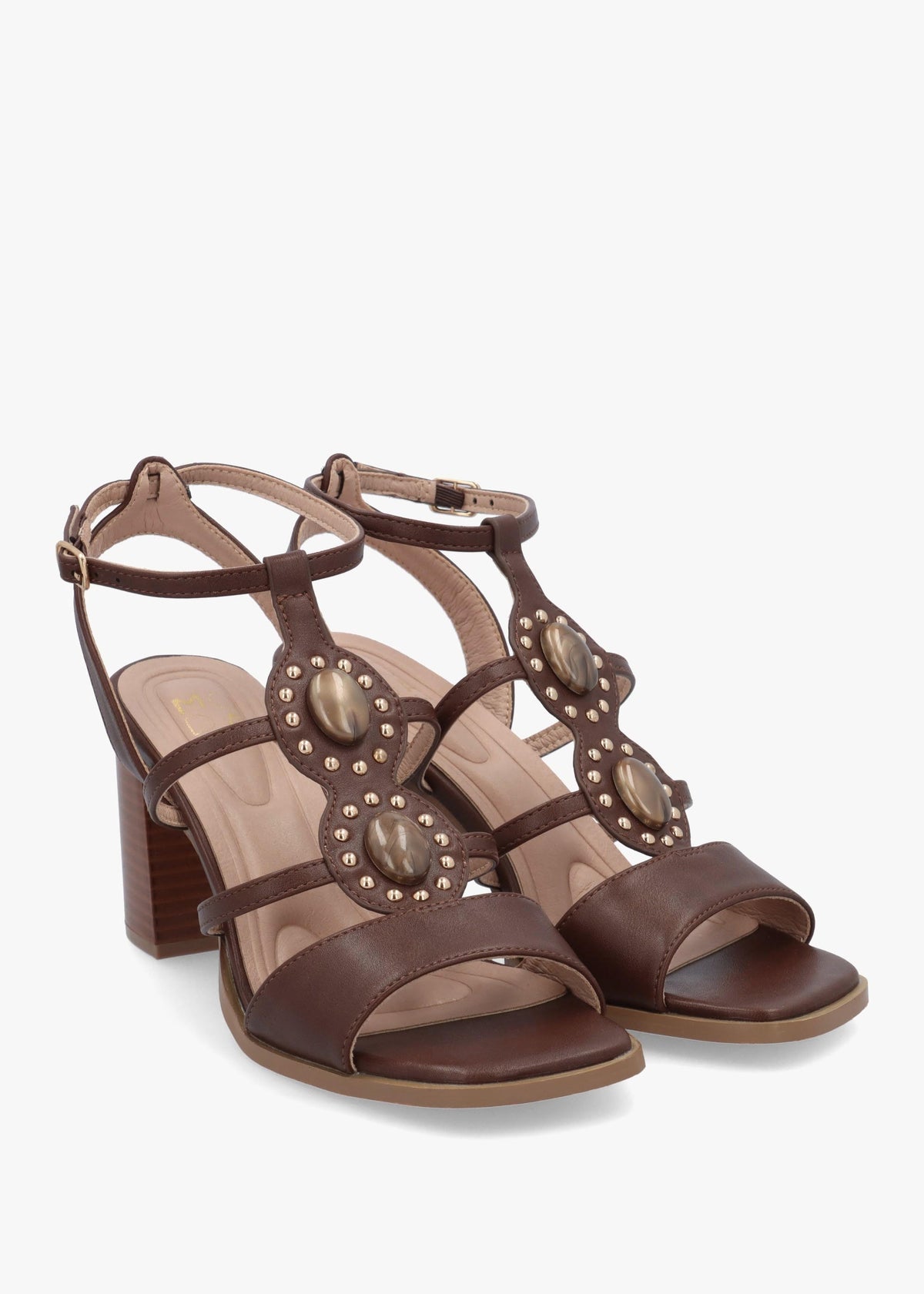 Megarah Brown Embellished Block Heel Sandals