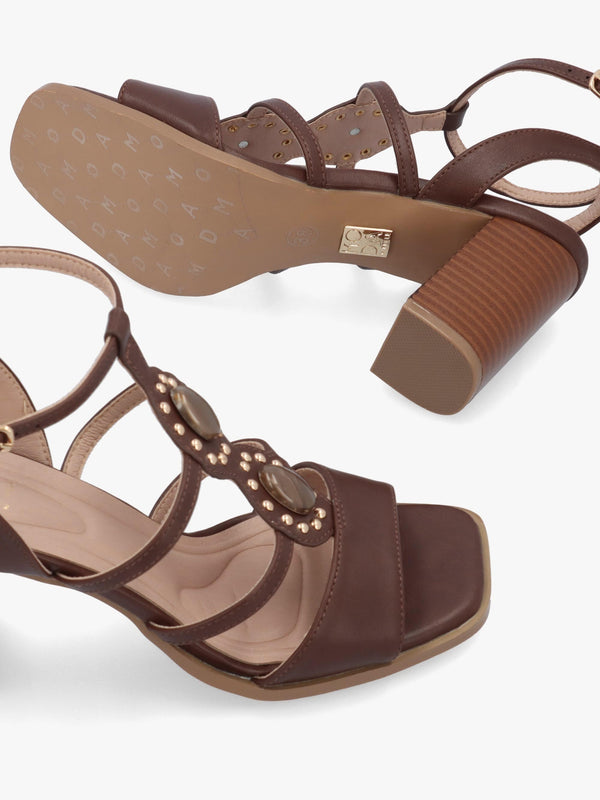Megarah Brown Embellished Block Heel Sandals