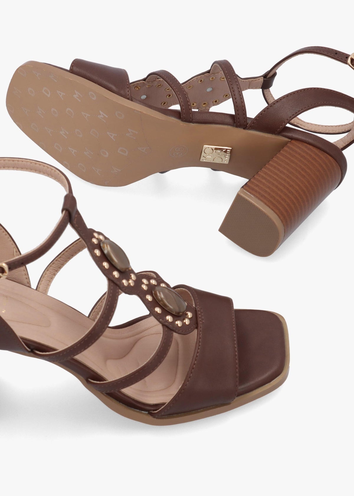 Megarah Brown Embellished Block Heel Sandals