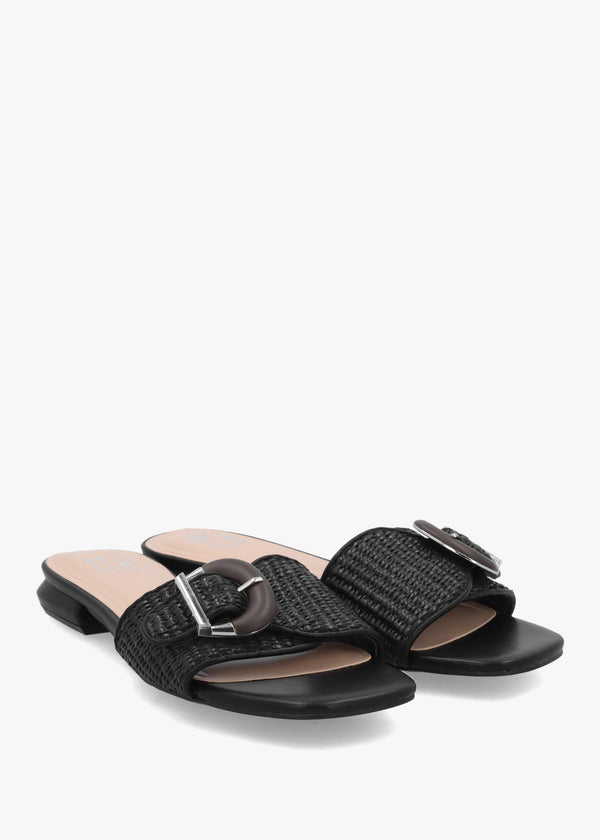 Juletta Black Woven Buckle Flat Mules