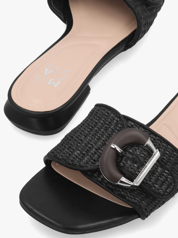Juletta Black Woven Buckle Flat Mules