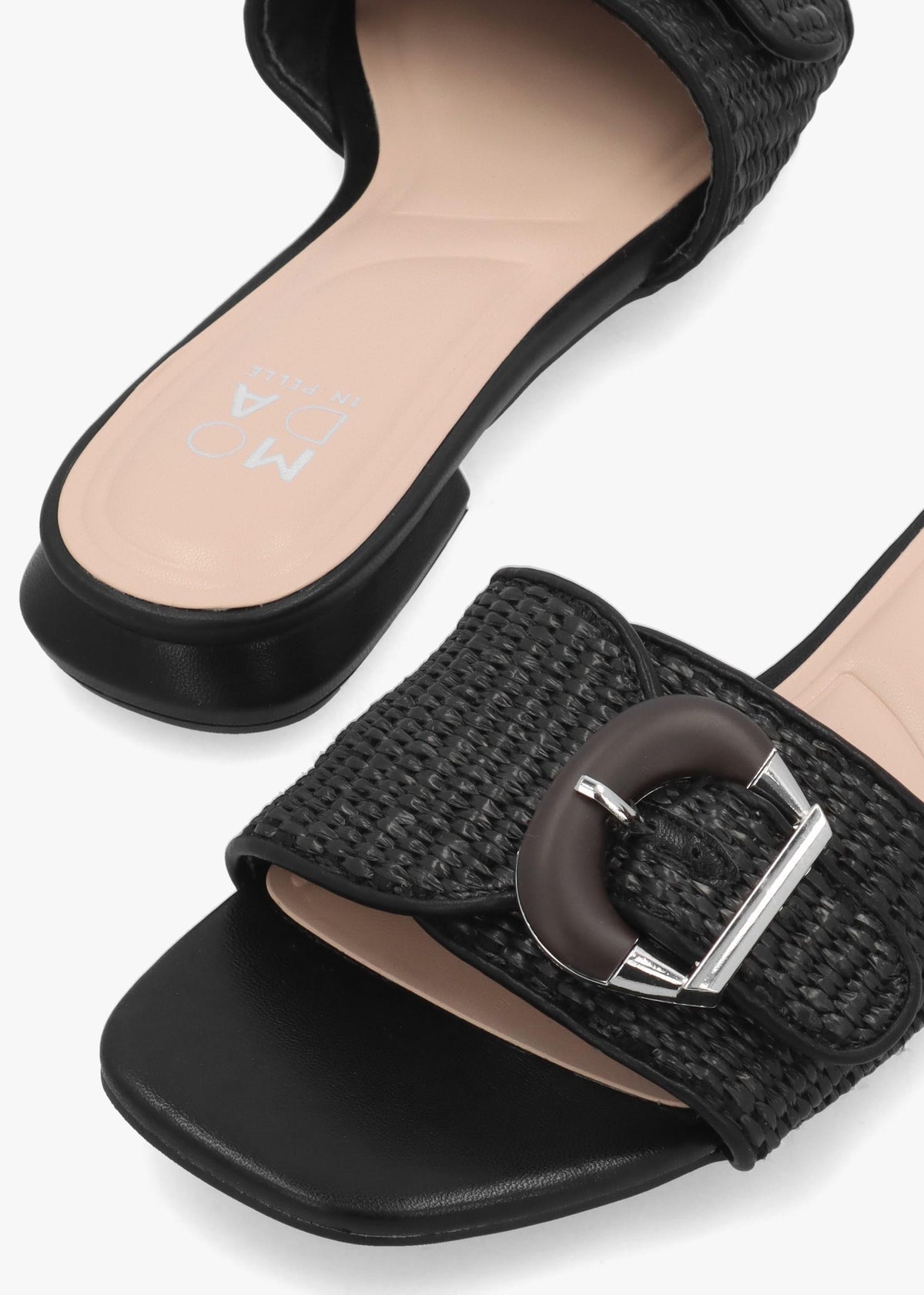 Juletta Black Woven Buckle Flat Mules