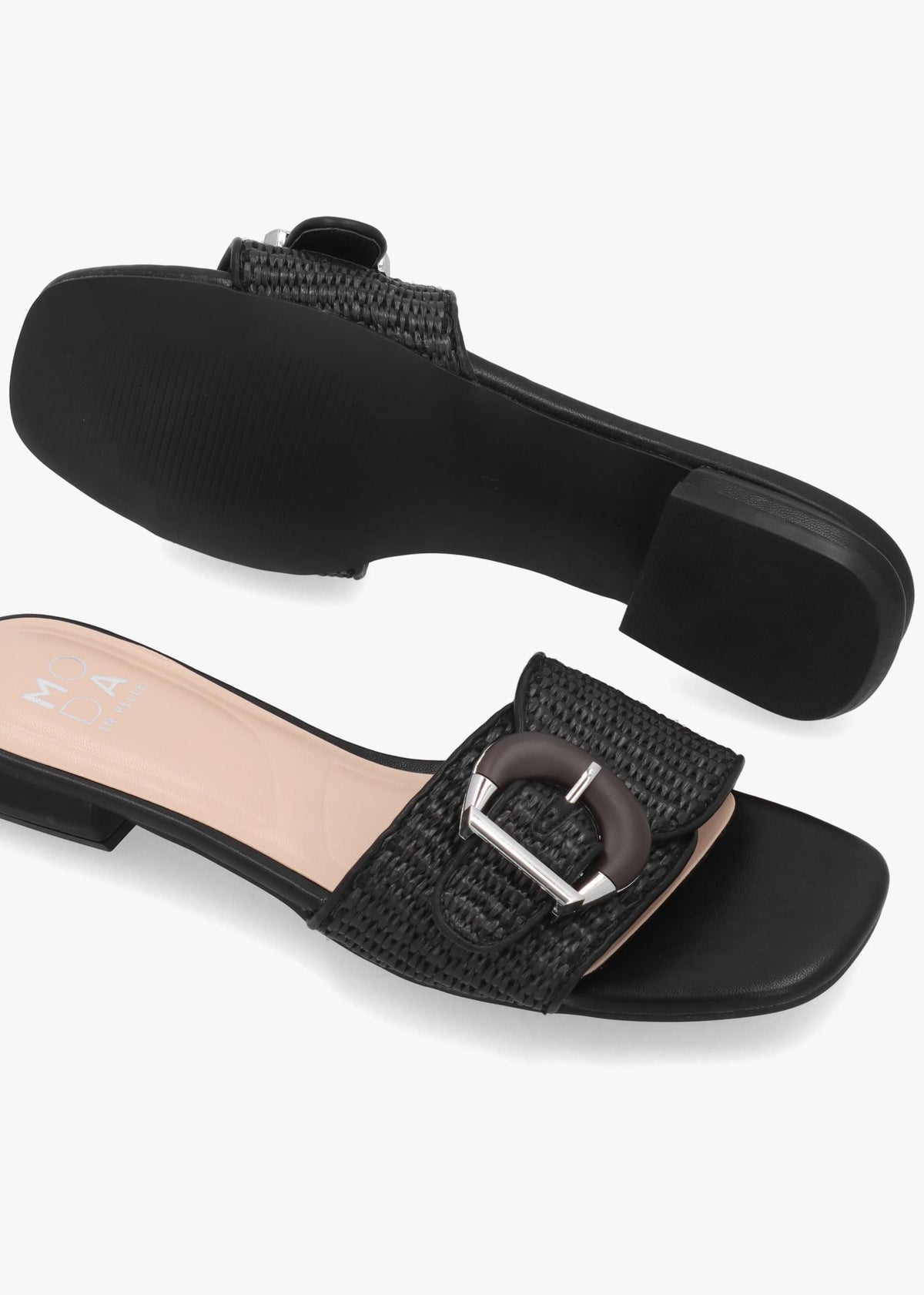 Juletta Black Woven Buckle Flat Mules