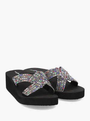 Multicoloured Diamante Wedge Mules