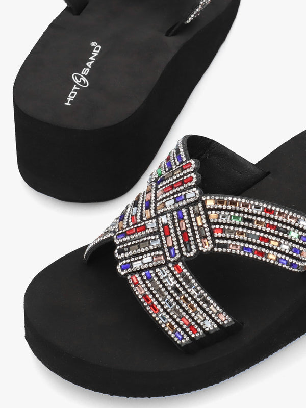 Multicoloured Diamante Wedge Mules