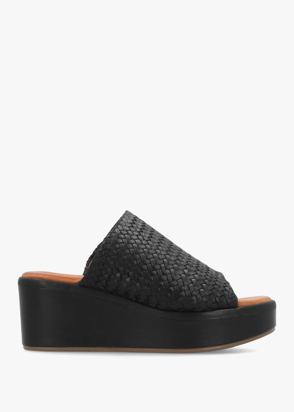 Kalley Black Woven Leather Mid Wedge Mules