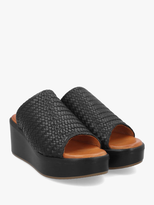 Kalley Black Woven Leather Mid Wedge Mules