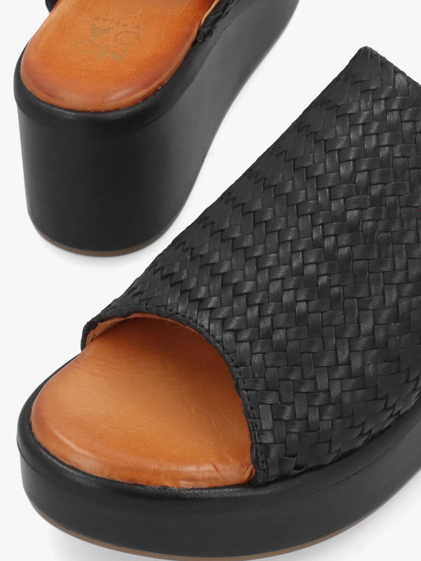 Kalley Black Woven Leather Mid Wedge Mules