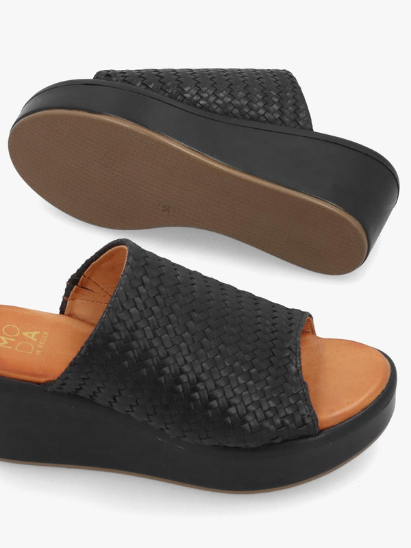 Kalley Black Woven Leather Mid Wedge Mules