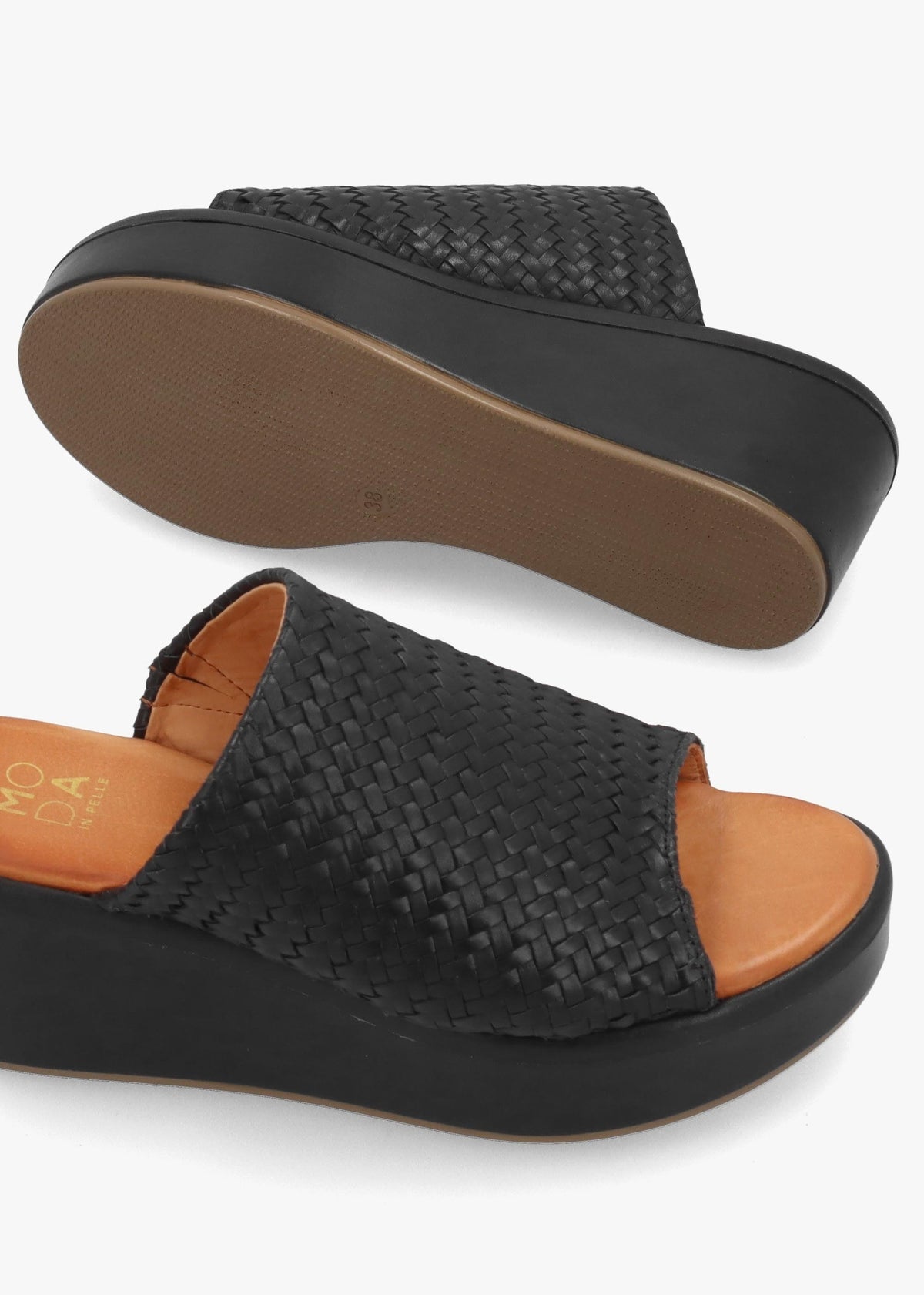 Kalley Black Woven Leather Mid Wedge Mules