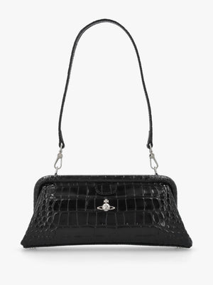 Jane Frame Croc Embossed Black Leather Shoulder Bag Purse