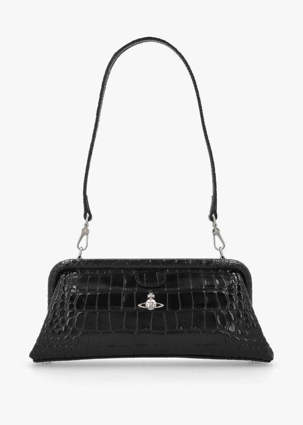 Jane Frame Croc Embossed Black Leather Shoulder Bag Purse