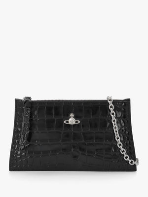 Small Flat Croc Embossed Black Leather Clutch Bag