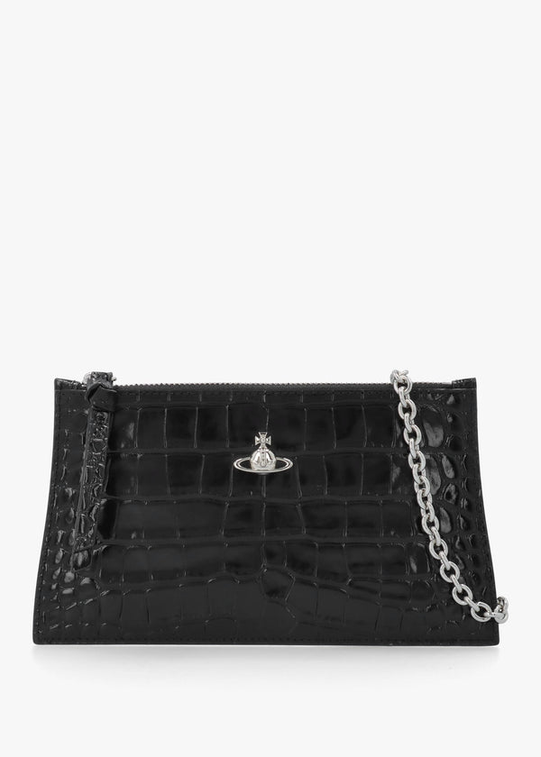 Small Flat Croc Embossed Black Leather Clutch Bag