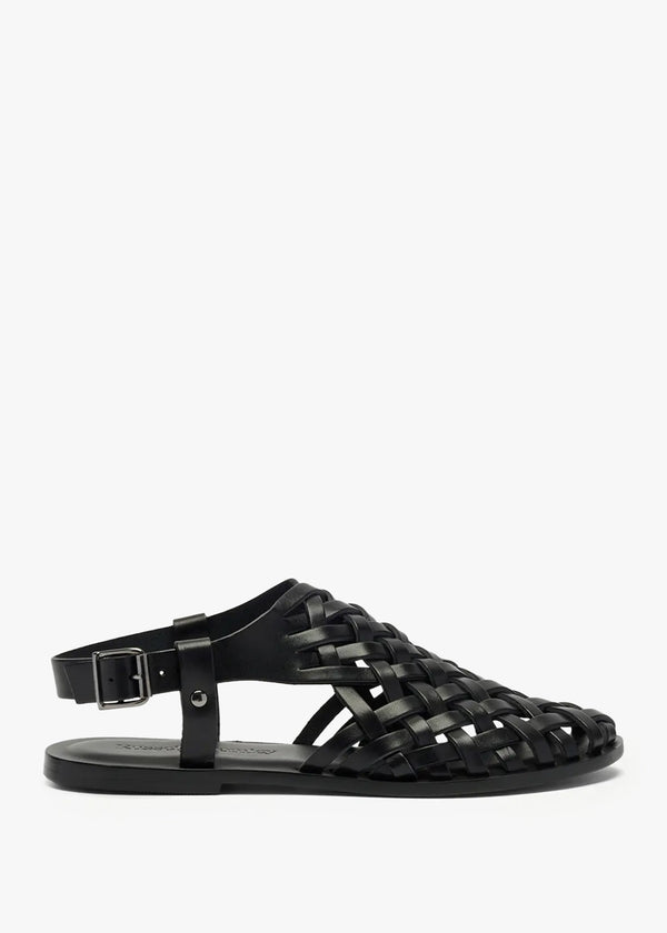 Whitle Black Leather Lattice Fisherman Sandals