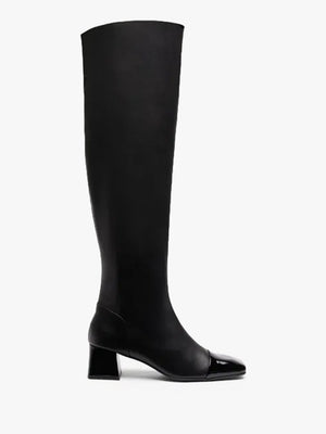 Thelma High Black Leather Block Heel Knee High Boots