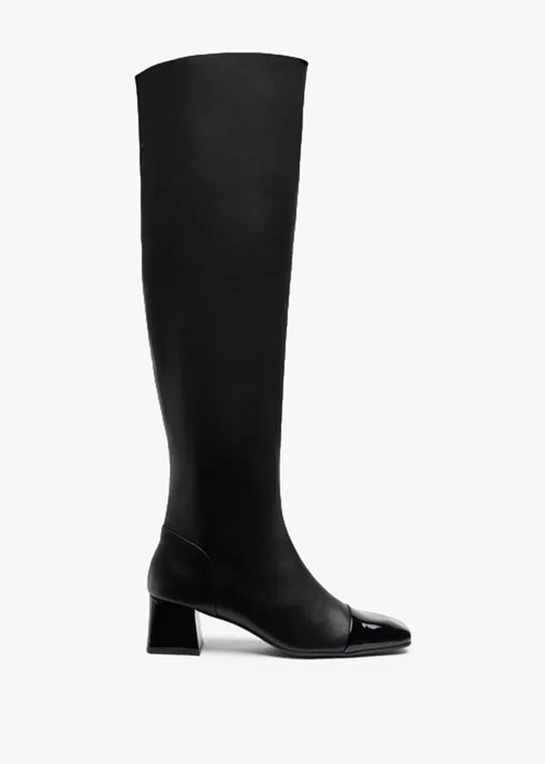 Thelma High Black Leather Block Heel Knee High Boots