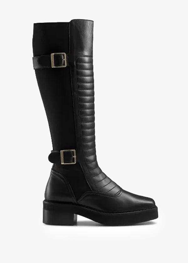 Pillion Hi Black Leather Biker Knee Boots