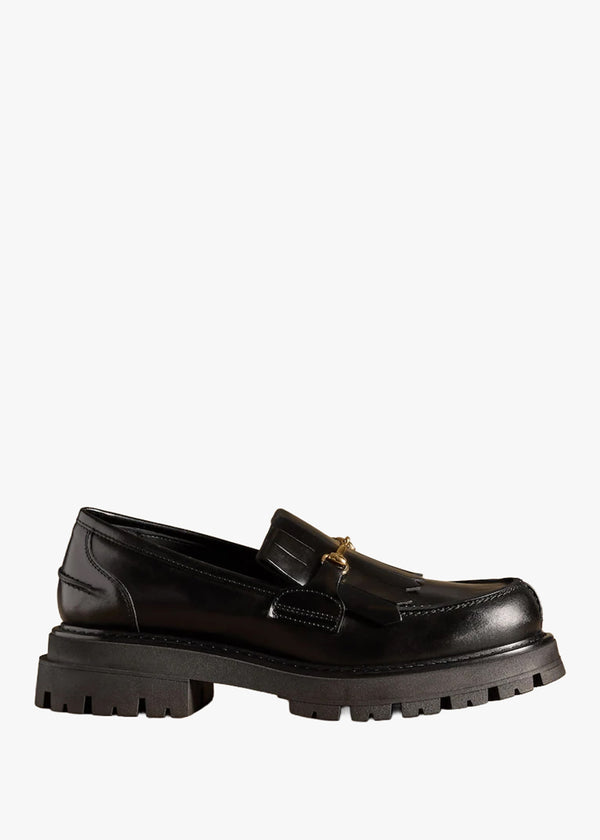 Mossley Black Leather Fringed Chunky Loafers
