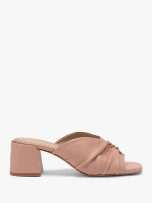 Linwood Beige Leather Ruched Block Heel Mules