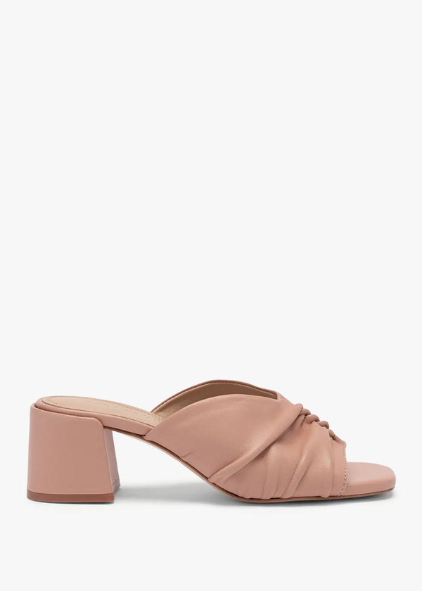 Linwood Beige Leather Ruched Block Heel Mules