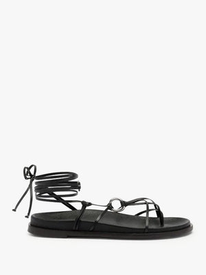 Exlade Black Leather Ankle Tie Flat Sandals