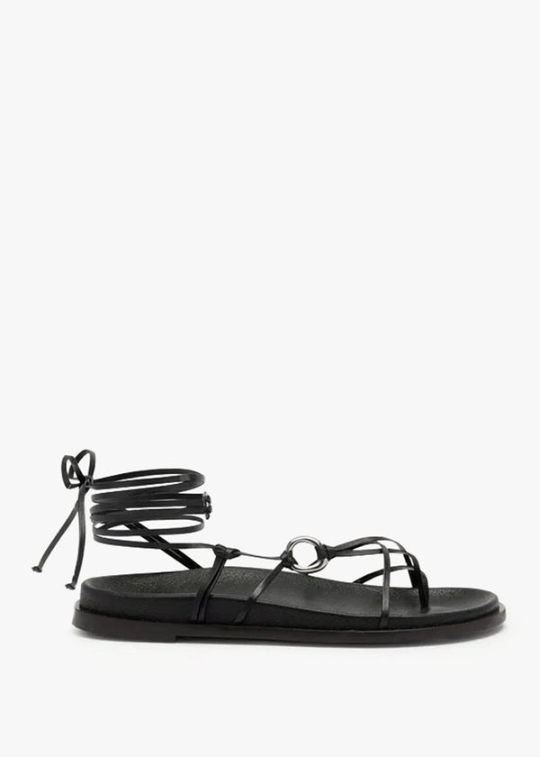 Exlade Black Leather Ankle Tie Flat Sandals