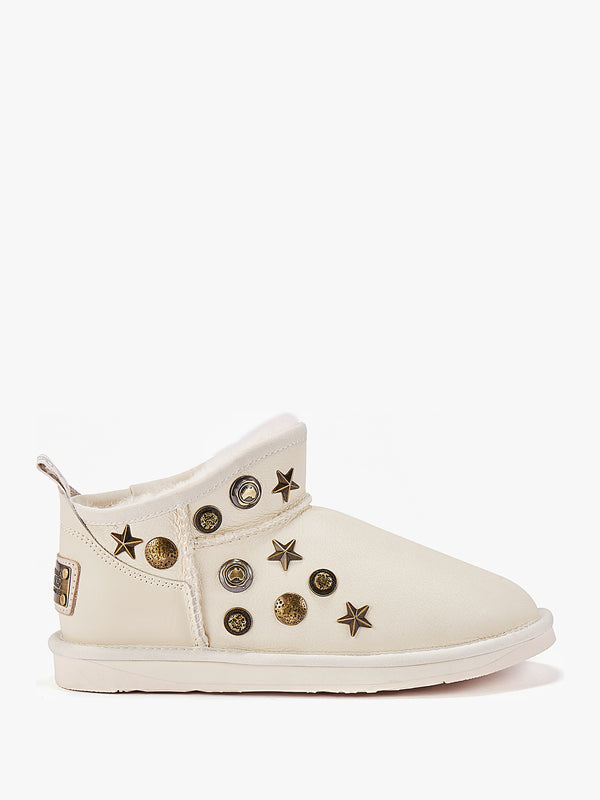 Angel Embellished White Leather Sheepskin Ankle Boots