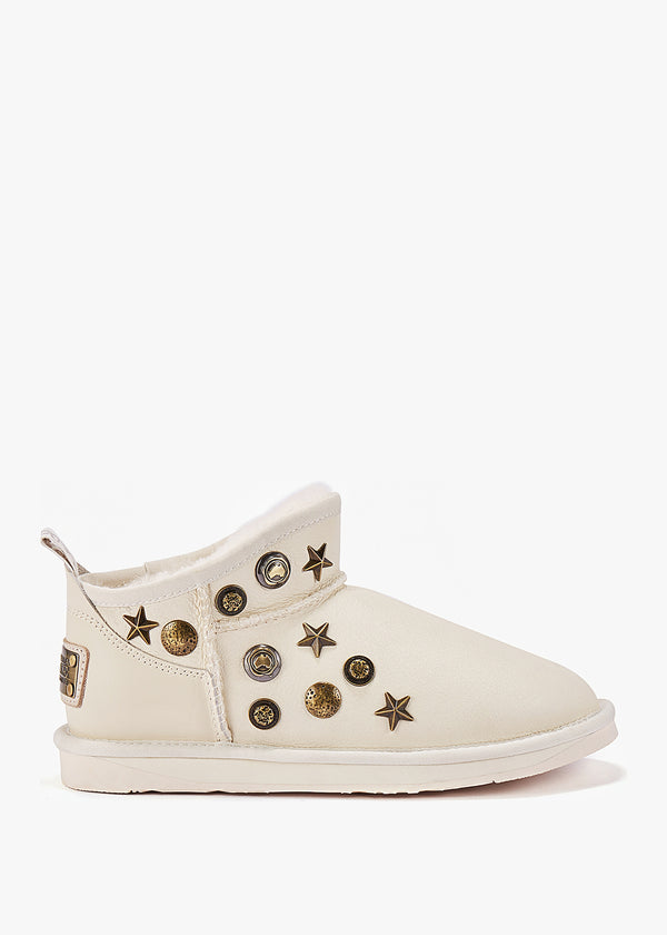 Angel Embellished White Leather Sheepskin Ankle Boots