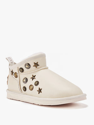 Angel Embellished White Leather Sheepskin Ankle Boots