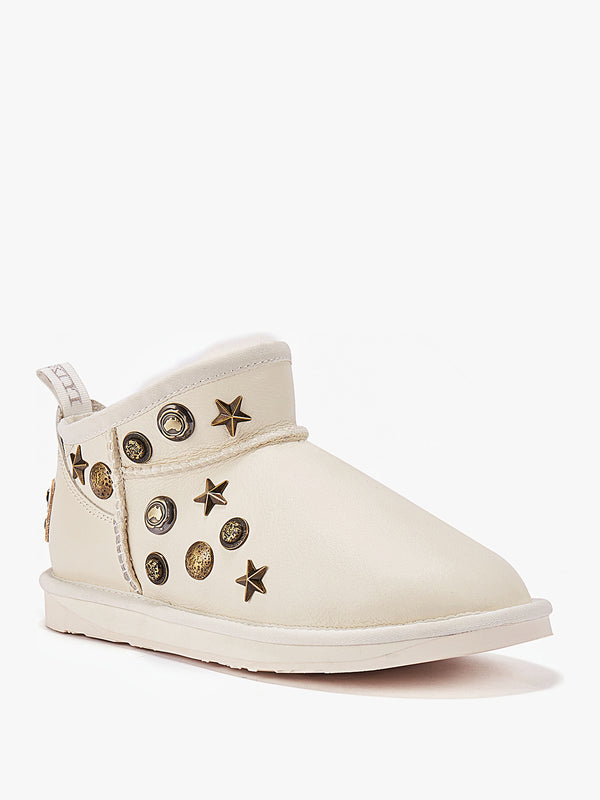 Angel Embellished White Leather Sheepskin Ankle Boots