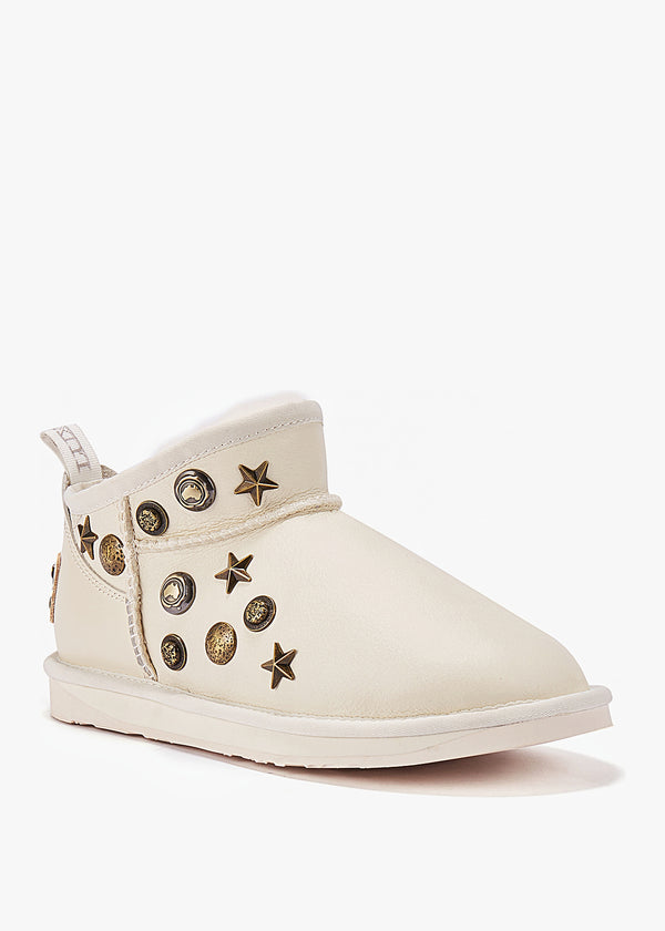 Angel Embellished White Leather Sheepskin Ankle Boots