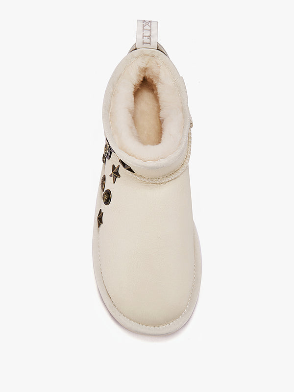 Angel Embellished White Leather Sheepskin Ankle Boots