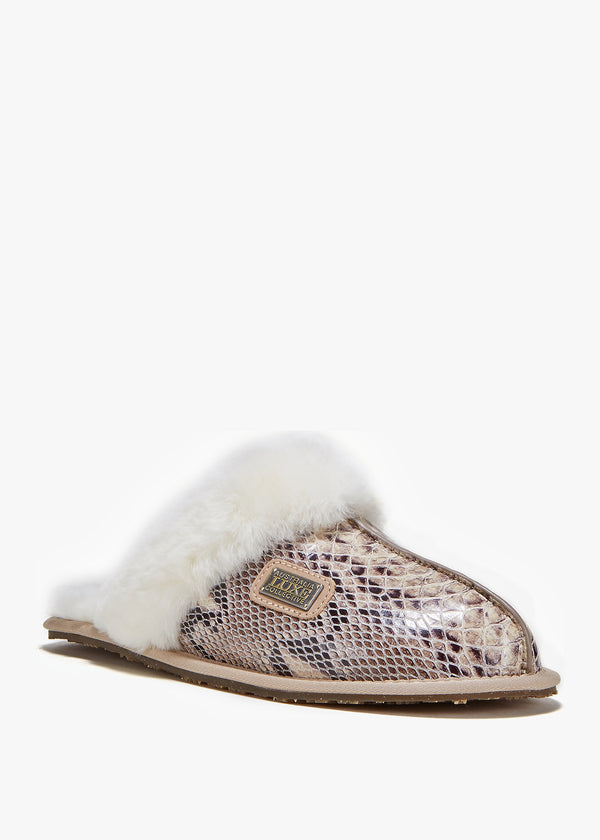 Beige Reptile Closed Toe Mule Slippers