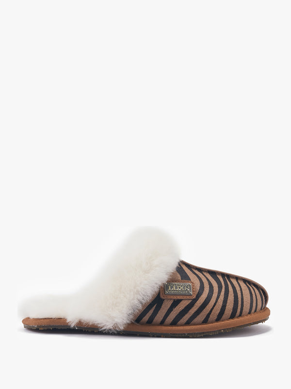 Tan Zebra Closed Toe Mule Slippers