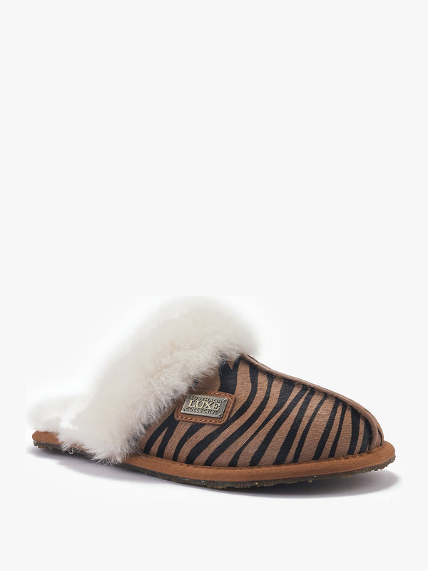 Tan Zebra Closed Toe Mule Slippers