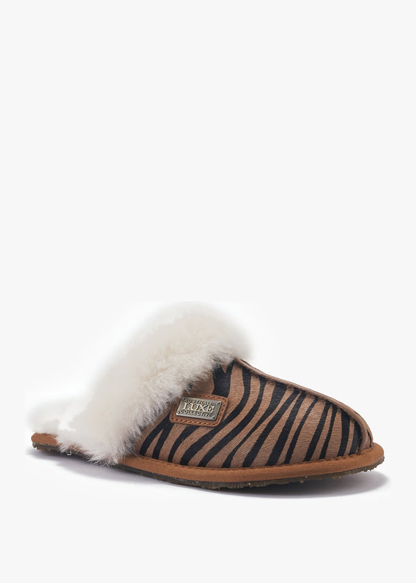 Tan Zebra Closed Toe Mule Slippers