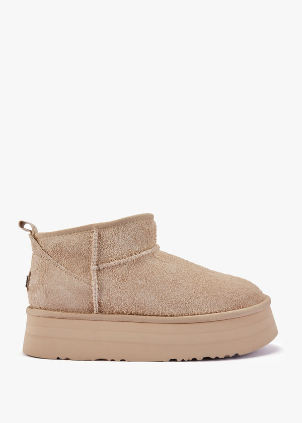Cosy Beige Shaggy Suede Platform Ankle Boots