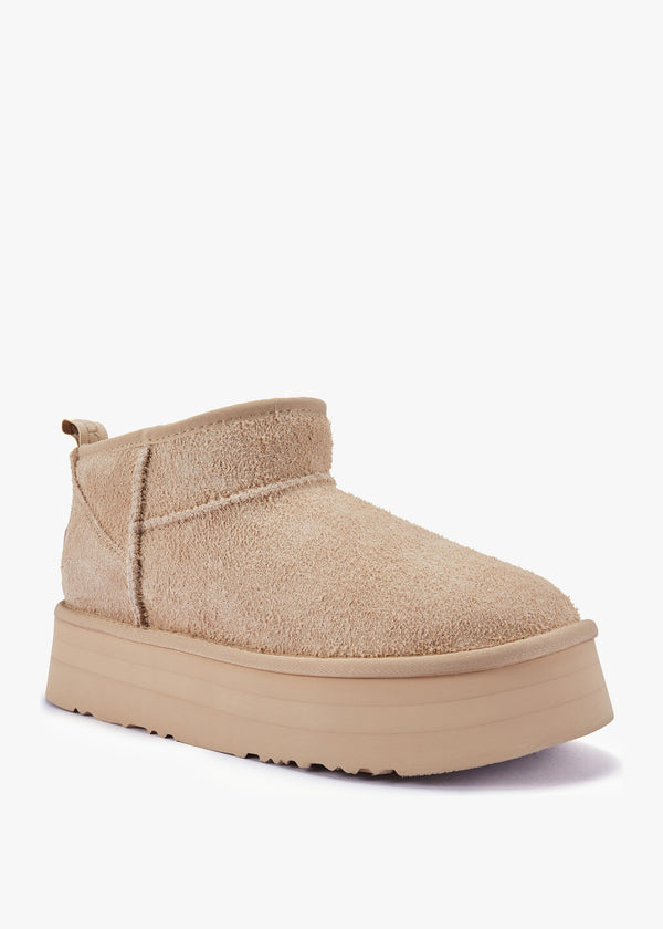 Cosy Beige Shaggy Suede Platform Ankle Boots