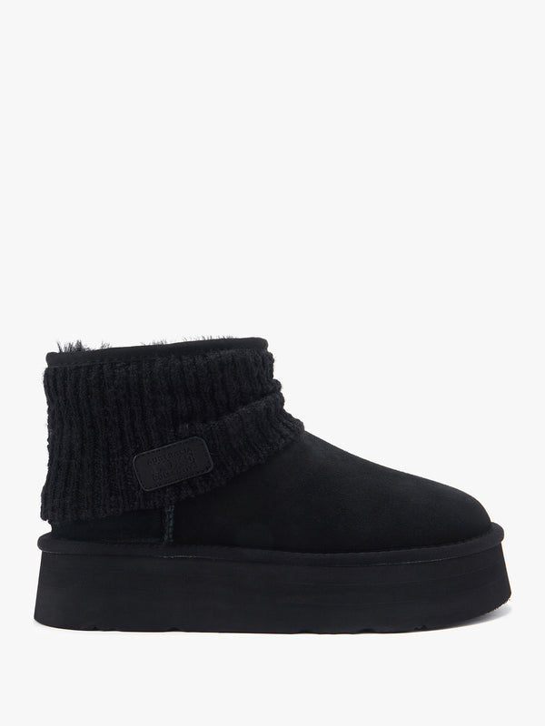 Fame Black Suede Knitted Cuff Platform Ankle Boots