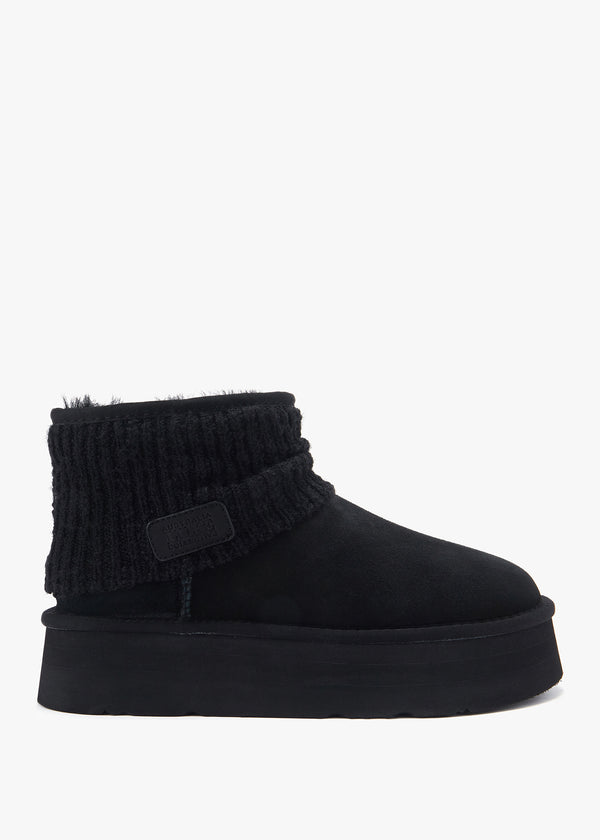 Fame Black Suede Knitted Cuff Platform Ankle Boots