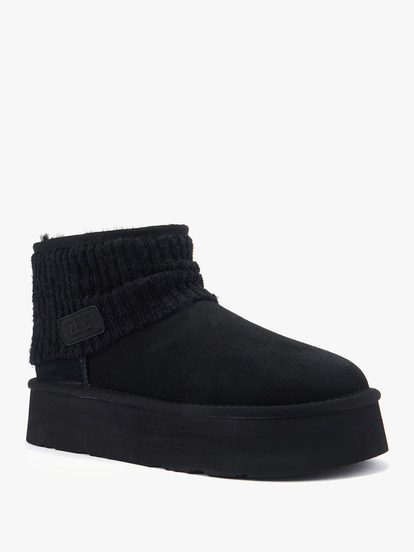 Fame Black Suede Knitted Cuff Platform Ankle Boots