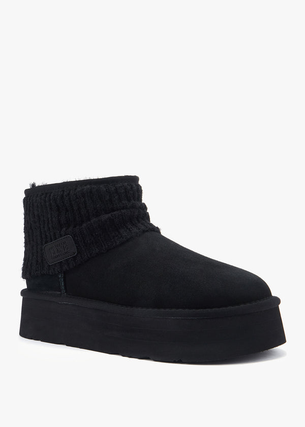 Fame Black Suede Knitted Cuff Platform Ankle Boots