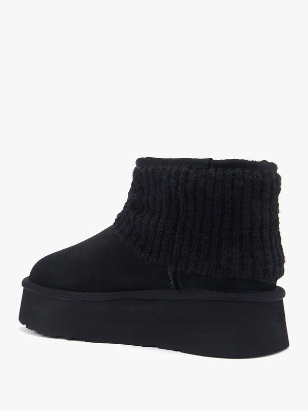 Fame Black Suede Knitted Cuff Platform Ankle Boots