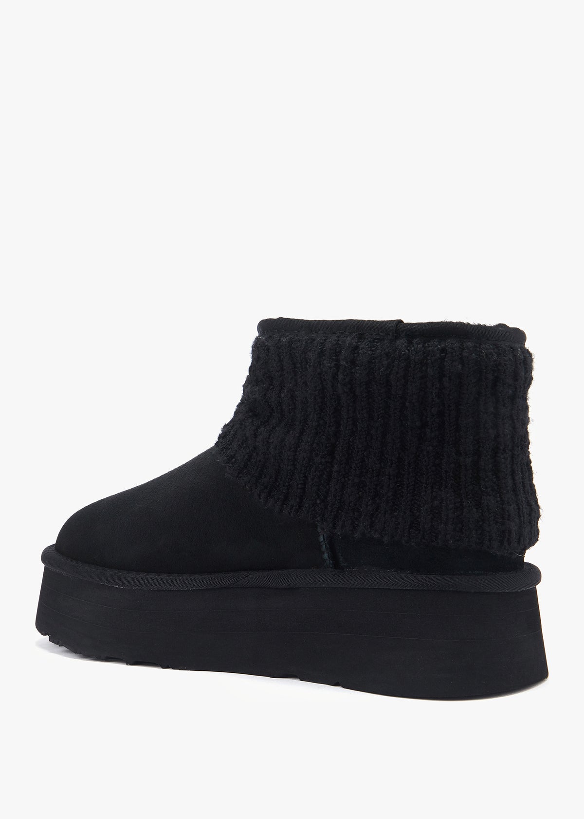 Fame Black Suede Knitted Cuff Platform Ankle Boots
