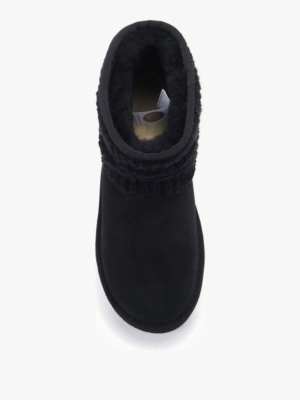 Fame Black Suede Knitted Cuff Platform Ankle Boots