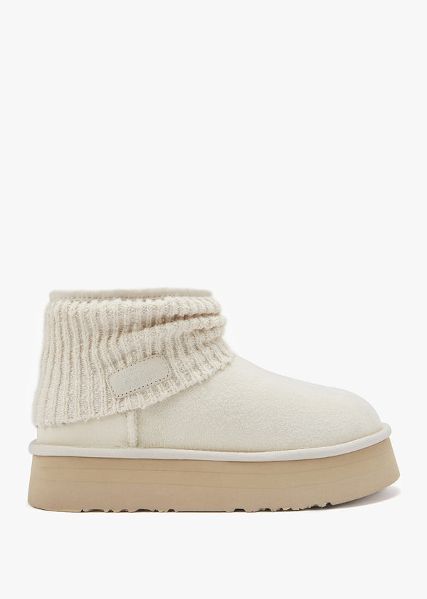 Fame Cream Suede Knitted Cuff Ankle Boots